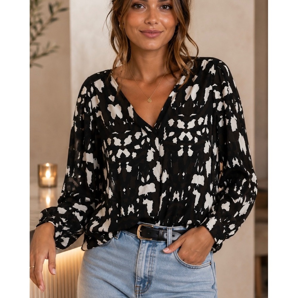 Express Womens Blouse Large Black Brown Abstract Print V-Neck Conscious Edit Top